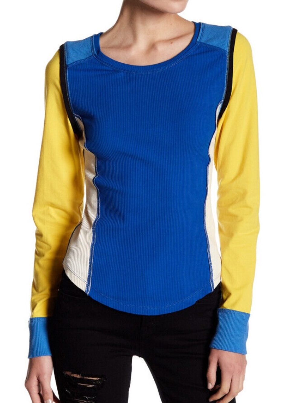 We The Free Blue, Yellow & Cream Colorblock Long Sleeve Top Small New
